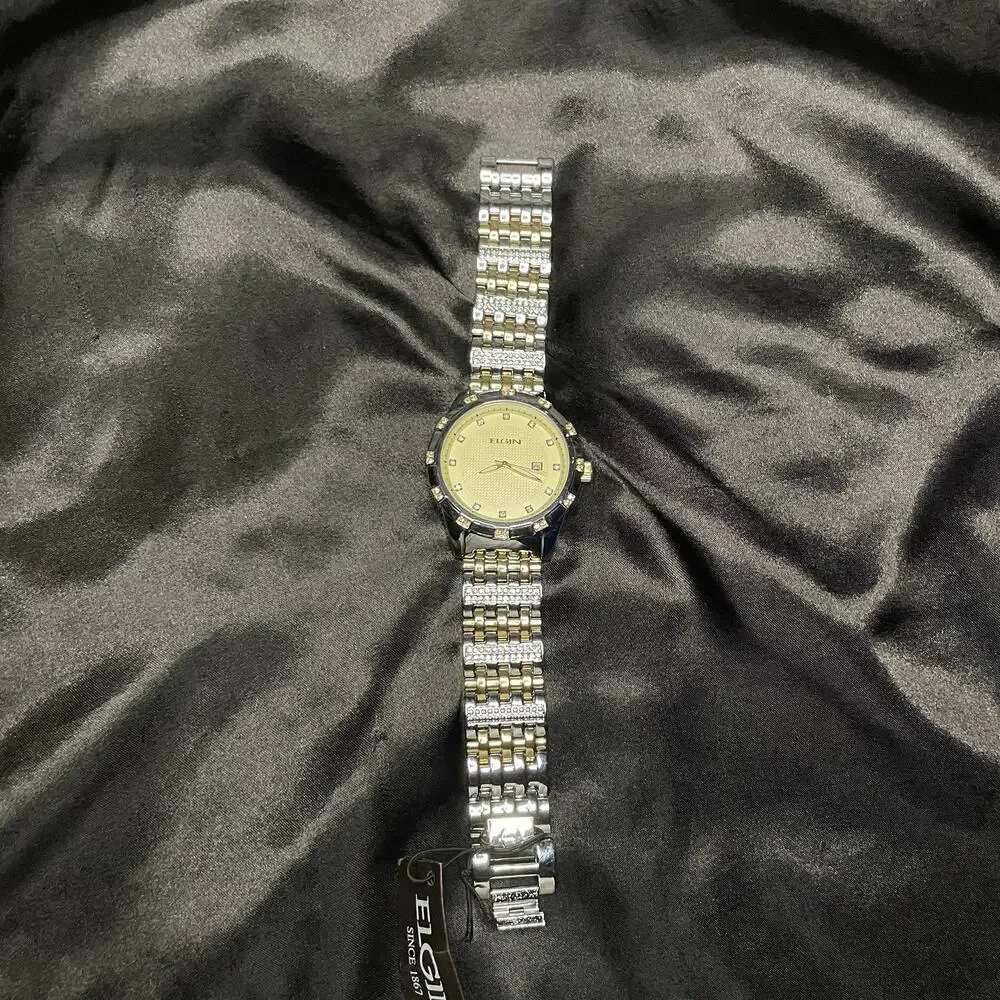 Elgin Men’s Quartz Dress Watch Date Two-Tone SS Bracelet Gold Silver Dial 47mm